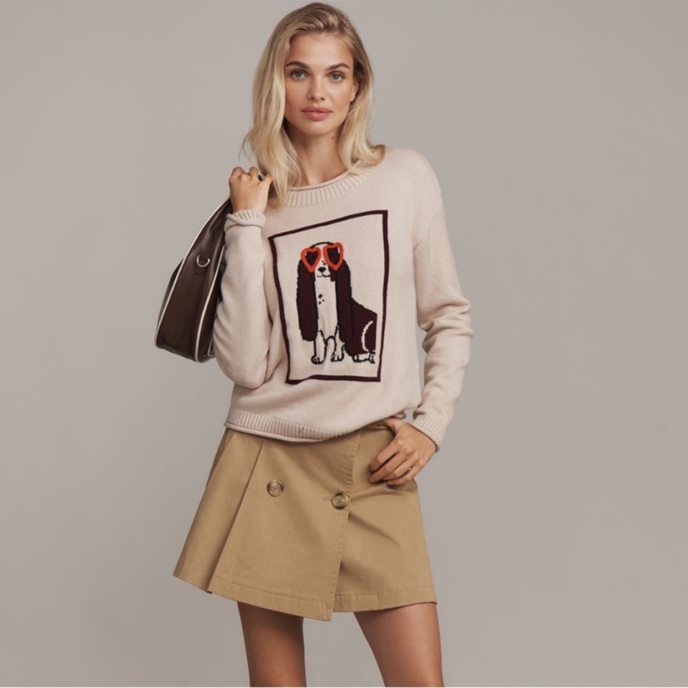 Flat White Anthropologie Dog Icon Crewneck Sweater Heart Sunglasses XS